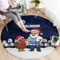 El Salvador Christmas Round Carpet with Santa Claus Turkey Fireworks Palm Trees and National Emblem Design - Wonder Print Shop