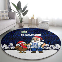 El Salvador Christmas Round Carpet with Santa Claus Turkey Fireworks Palm Trees and National Emblem Design - Wonder Print Shop