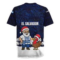 El Salvador Christmas Rugby Jersey with Santa Claus Turkey Fireworks Palm Trees and National Emblem Design - Wonder Print Shop