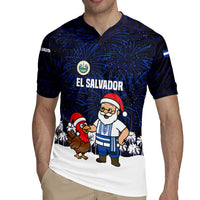 El Salvador Christmas Rugby Jersey with Santa Claus Turkey Fireworks Palm Trees and National Emblem Design - Wonder Print Shop