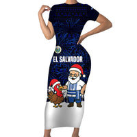El Salvador Christmas Short Sleeve Bodycon Dress with Santa Claus Turkey Fireworks Palm Trees and National Emblem Design - Wonder Print Shop
