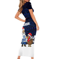 El Salvador Christmas Short Sleeve Bodycon Dress with Santa Claus Turkey Fireworks Palm Trees and National Emblem Design - Wonder Print Shop