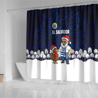 El Salvador Christmas Shower Curtain with Santa Claus Turkey Fireworks Palm Trees and National Emblem Design - Wonder Print Shop