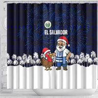 El Salvador Christmas Shower Curtain with Santa Claus Turkey Fireworks Palm Trees and National Emblem Design - Wonder Print Shop