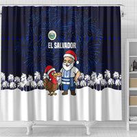 El Salvador Christmas Shower Curtain with Santa Claus Turkey Fireworks Palm Trees and National Emblem Design - Wonder Print Shop