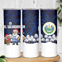 El Salvador Christmas Skinny Tumbler with Santa Claus Turkey Fireworks Palm Trees and National Emblem Design - Wonder Print Shop
