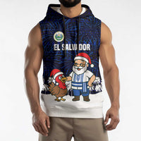 El Salvador Christmas Sleeveless Hoodie with Santa Claus Turkey Fireworks Palm Trees and National Emblem Design - Wonder Print Shop