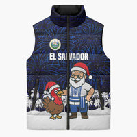 El Salvador Christmas Sleeveless Puffer Jacket with Santa Claus Turkey Fireworks Palm Trees and National Emblem Design - Wonder Print Shop