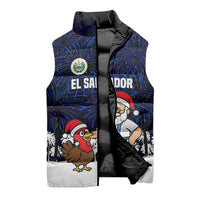 El Salvador Christmas Sleeveless Puffer Jacket with Santa Claus Turkey Fireworks Palm Trees and National Emblem Design - Wonder Print Shop