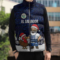 El Salvador Christmas Sleeveless Puffer Jacket with Santa Claus Turkey Fireworks Palm Trees and National Emblem Design - Wonder Print Shop