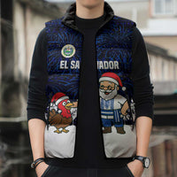 El Salvador Christmas Sleeveless Puffer Jacket with Santa Claus Turkey Fireworks Palm Trees and National Emblem Design - Wonder Print Shop
