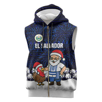 El Salvador Christmas Sleeveless Zip Hoodie with Santa Claus Turkey Fireworks Palm Trees and National Emblem Design - Wonder Print Shop