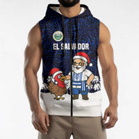 El Salvador Christmas Sleeveless Zip Hoodie with Santa Claus Turkey Fireworks Palm Trees and National Emblem Design - Wonder Print Shop