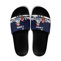 El Salvador Christmas Slide Sandals with Santa Claus Turkey Fireworks Palm Trees and National Emblem Design - Wonder Print Shop