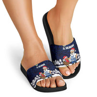 El Salvador Christmas Slide Sandals with Santa Claus Turkey Fireworks Palm Trees and National Emblem Design - Wonder Print Shop