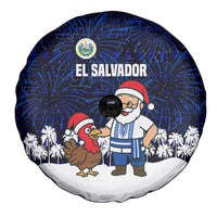 El Salvador Christmas Spare Tire Cover with Santa Claus Turkey Fireworks Palm Trees and National Emblem Design - Wonder Print Shop