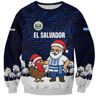 El Salvador Christmas Sweatshirt with Santa Claus Turkey Fireworks Palm Trees and National Emblem Design - Wonder Print Shop