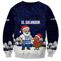 El Salvador Christmas Sweatshirt with Santa Claus Turkey Fireworks Palm Trees and National Emblem Design - Wonder Print Shop