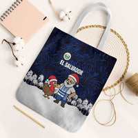El Salvador Christmas Tote Bag with Santa Claus Turkey Fireworks Palm Trees and National Emblem Design - Wonder Print Shop