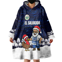 El Salvador Christmas Wearable Blanket Hoodie with Santa Claus Turkey Fireworks Palm Trees and National Emblem Design - Wonder Print Shop
