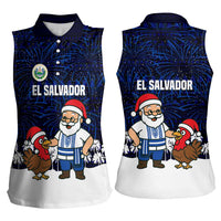 El Salvador Christmas Women Sleeveless Polo Shirt with Santa Claus Turkey Fireworks Palm Trees and National Emblem Design - Wonder Print Shop