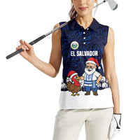 El Salvador Christmas Women Sleeveless Polo Shirt with Santa Claus Turkey Fireworks Palm Trees and National Emblem Design - Wonder Print Shop