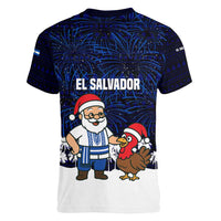 El Salvador Christmas Women V-Neck T-Shirt with Santa Claus Turkey Fireworks Palm Trees and National Emblem Design - Wonder Print Shop