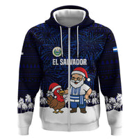 El Salvador Christmas Zip Hoodie with Santa Claus Turkey Fireworks Palm Trees and National Emblem Design - Wonder Print Shop