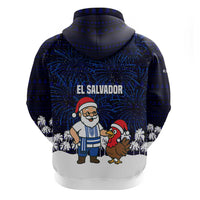 El Salvador Christmas Zip Hoodie with Santa Claus Turkey Fireworks Palm Trees and National Emblem Design - Wonder Print Shop
