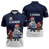 El Salvador Christmas Zipper Polo Shirt with Santa Claus Turkey Fireworks Palm Trees and National Emblem Design - Wonder Print Shop