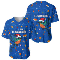 El Salvador Christmas Baseball Jersey with Santa Hat Motmot Bird Traditional Foods and Blue Festive Pattern Design - Wonder Print Shop