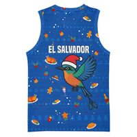El Salvador Christmas Basketball Jersey with Santa Hat Motmot Bird Traditional Foods and Blue Festive Pattern Design - Wonder Print Shop