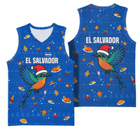 El Salvador Christmas Basketball Jersey with Santa Hat Motmot Bird Traditional Foods and Blue Festive Pattern Design - Wonder Print Shop