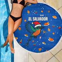 El Salvador Christmas Beach Blanket with Santa Hat Motmot Bird Traditional Foods and Blue Festive Pattern Design - Wonder Print Shop
