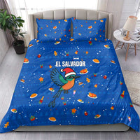 El Salvador Christmas Bedding Set with Santa Hat Motmot Bird Traditional Foods and Blue Festive Pattern Design - Wonder Print Shop
