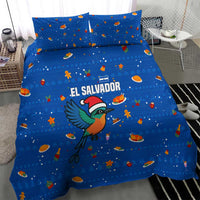 El Salvador Christmas Bedding Set with Santa Hat Motmot Bird Traditional Foods and Blue Festive Pattern Design - Wonder Print Shop