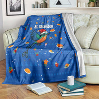 El Salvador Christmas Blanket with Santa Hat Motmot Bird Traditional Foods and Blue Festive Pattern Design - Wonder Print Shop