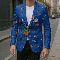 El Salvador Christmas Blazer with Santa Hat Motmot Bird Traditional Foods and Blue Festive Pattern Design - Wonder Print Shop