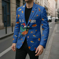 El Salvador Christmas Blazer with Santa Hat Motmot Bird Traditional Foods and Blue Festive Pattern Design - Wonder Print Shop