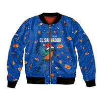 El Salvador Christmas Bomber Jacket with Santa Hat Motmot Bird Traditional Foods and Blue Festive Pattern Design - Wonder Print Shop
