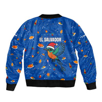 El Salvador Christmas Bomber Jacket with Santa Hat Motmot Bird Traditional Foods and Blue Festive Pattern Design - Wonder Print Shop