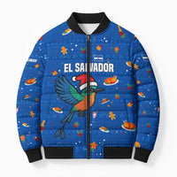 El Salvador Christmas Bomber Puffer Jacket with Santa Hat Motmot Bird Traditional Foods and Blue Festive Pattern Design - Wonder Print Shop
