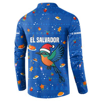 El Salvador Christmas Button Sweatshirt with Santa Hat Motmot Bird Traditional Foods and Blue Festive Pattern Design - Wonder Print Shop