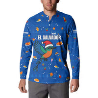 El Salvador Christmas Button Sweatshirt with Santa Hat Motmot Bird Traditional Foods and Blue Festive Pattern Design - Wonder Print Shop