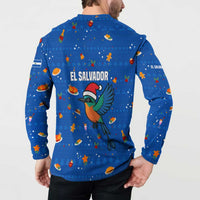 El Salvador Christmas Button Sweatshirt with Santa Hat Motmot Bird Traditional Foods and Blue Festive Pattern Design - Wonder Print Shop