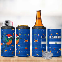 El Salvador Christmas 4 in 1 Can Cooler Tumbler with Santa Hat Motmot Bird Traditional Foods and Blue Festive Pattern Design - Wonder Print Shop
