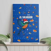 El Salvador Christmas Canvas Wall Art with Santa Hat Motmot Bird Traditional Foods and Blue Festive Pattern Design - Wonder Print Shop
