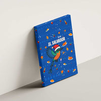 El Salvador Christmas Canvas Wall Art with Santa Hat Motmot Bird Traditional Foods and Blue Festive Pattern Design - Wonder Print Shop