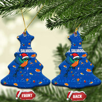 El Salvador Christmas Ceramic Ornament with Santa Hat Motmot Bird Traditional Foods and Blue Festive Pattern Design - Wonder Print Shop