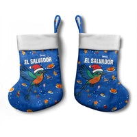 El Salvador Christmas Stocking with Santa Hat Motmot Bird Traditional Foods and Blue Festive Pattern Design - Wonder Print Shop